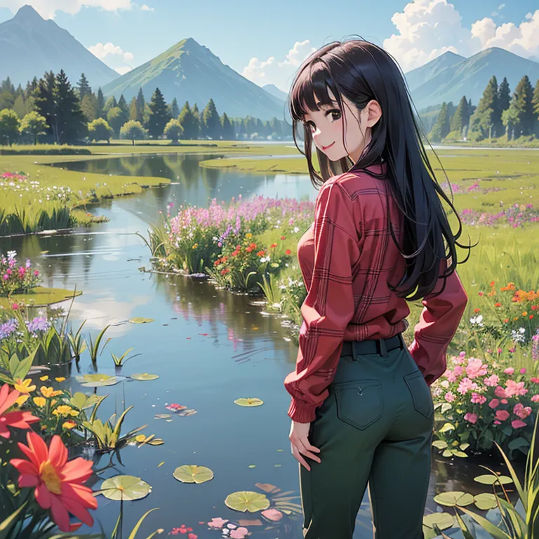 ((top quality)),((amazing)),(details),young girls,1girl,One person、upper body、back side、long hair、brown eyed girl 、An endless wooden path、((Open wetland、Walk on the promenade、large swamp on the right))、(Stopping and watching the vast scenery、There is a low mountain on the other side of the swamp、Pretty little flowers on the wooden path々),Smile Yang。((red check long sleeve、Light green trekking pants))、非常にdetailsなCG、（perfect hands、Five Fingers、Perfect Fingers、Perfect Arms、Perfect Anatomy)