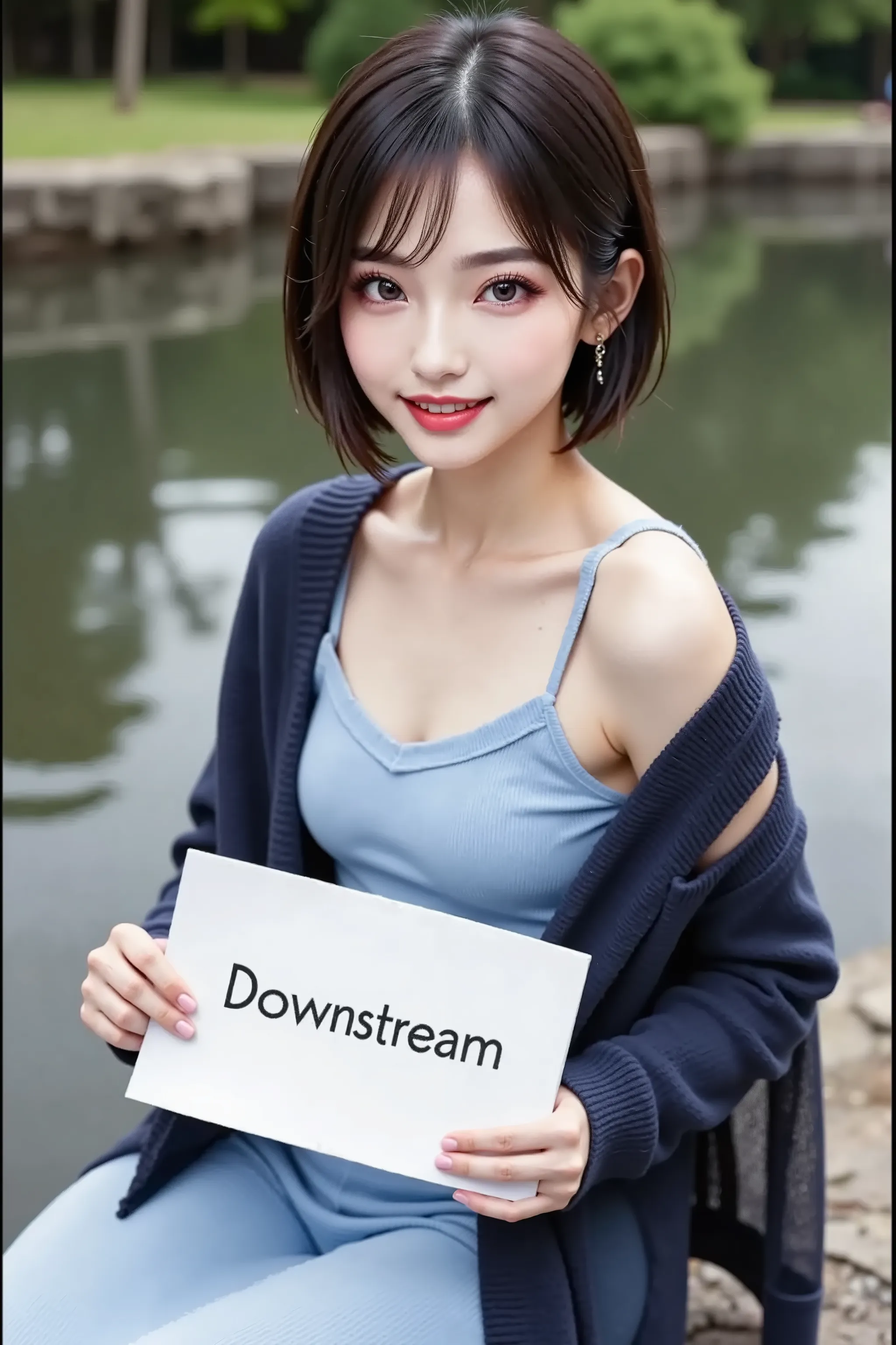 Downstream of the river , crouching beside the river, light blue sleeveless dress, Wear a dark blue sheer cardigan , holding a white board, There are letters「downstream」 , age 27, short hair, Sharp slanted eyes, Foxy face , Smile Yan