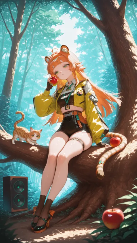 ju fufu (zenless zone zero ) a beautiful young girl with shiny skin and orange hair sitting in a lush forest, holding an apple, with a cat beside her. the image also shows vibrant colors and intricate details. on the middle of the image, a 1girl, petite, ...