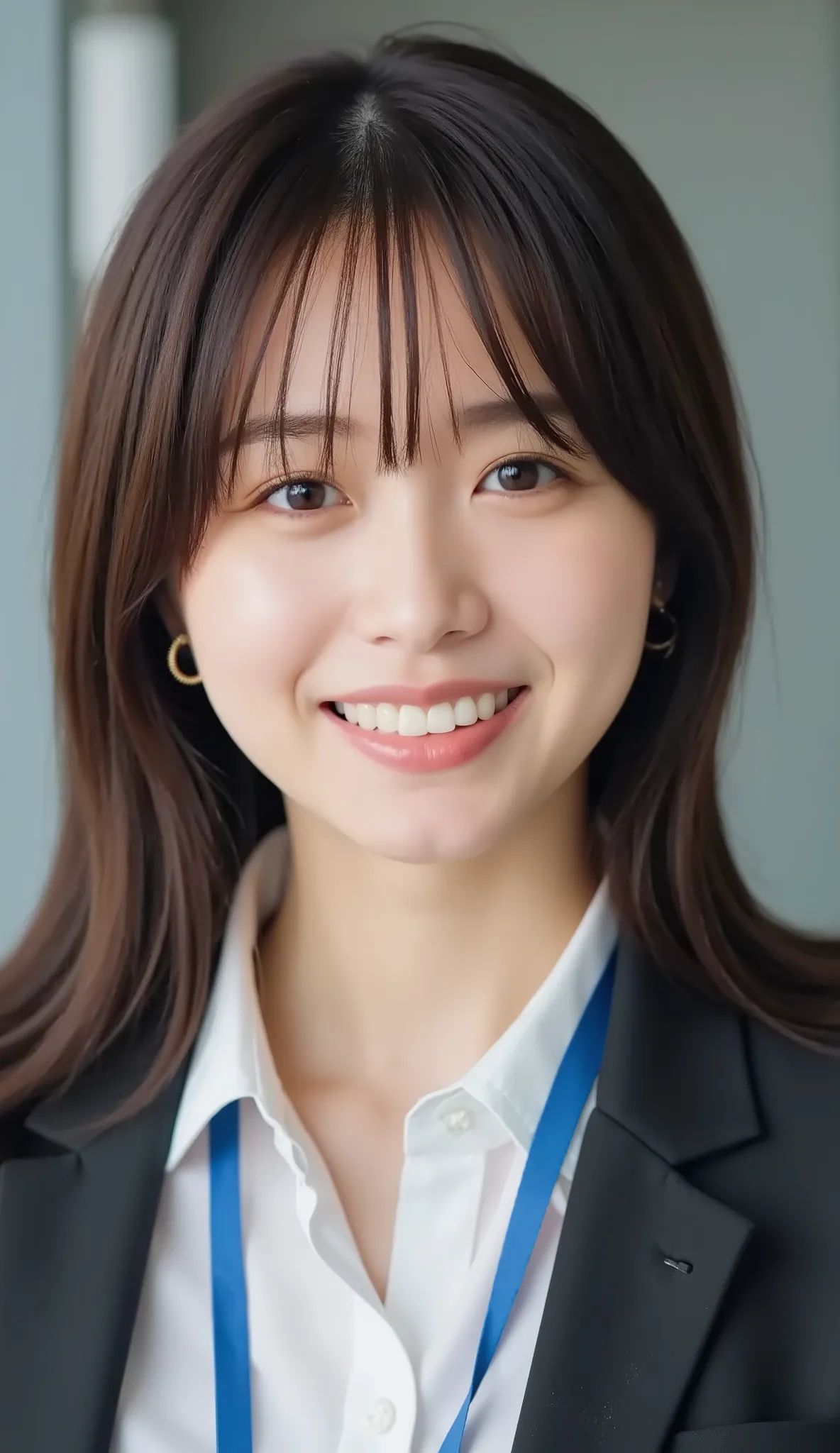 Neat Young Woman、and look at the camera、office lady suit、jacket、shirt、 employee ID hanging from the neck 、、ear piercing、髪型ショートカット、、 黒に限りなく近い茶髪、、smile showing teeth、background is office
