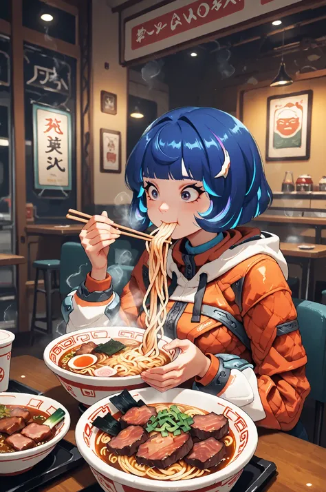 top quality, masterpiece, Ultimate Details, 1 girl, Juno, blue hair, bob cut, Casual Wear, eating ramen, gaze looking sideways, hand holding chopsticks, steaming ramen, Glossy noodles, Roasted pork, Menma, Spring onion, White vessel, appetizing expression,...