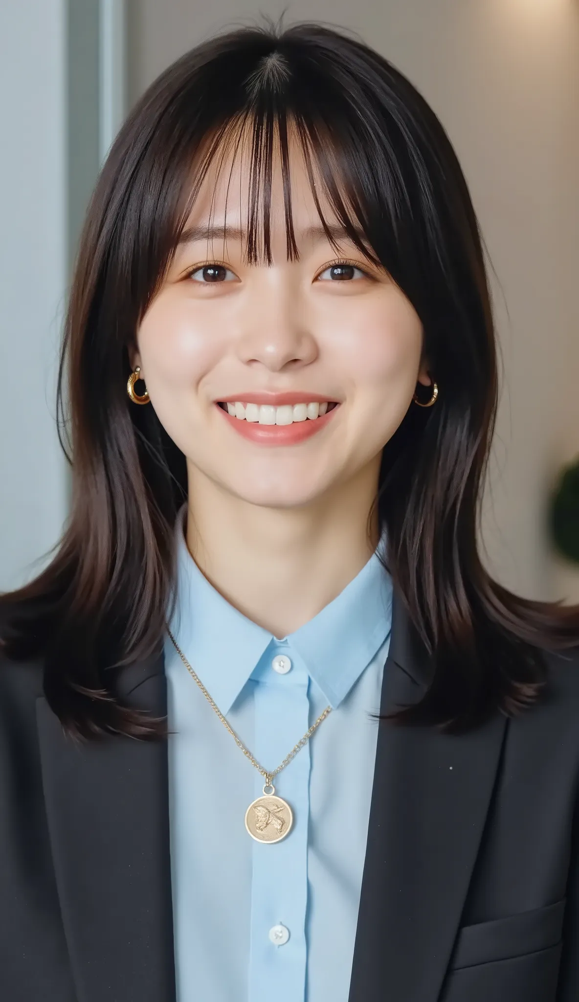 Neat Young Woman、and look at the camera、office lady suit、jacket、shirt、 employee ID hanging from the neck 、、ear piercing、髪型ショートカット、、 黒髪、、smile showing teeth、background is office
