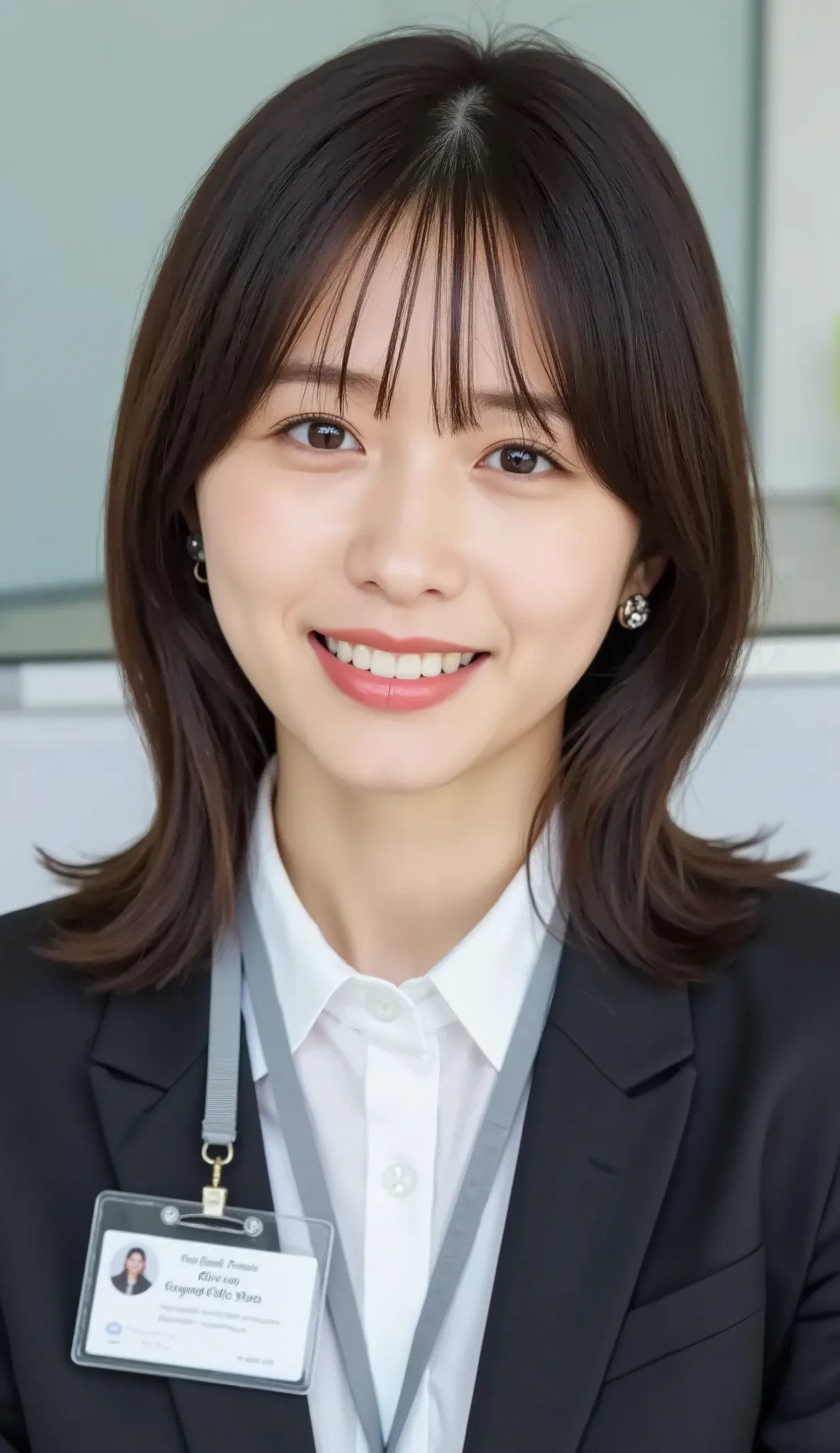 Neat Young Woman、and look at the camera、office lady suit、jacket、shirt、 employee ID hanging from the neck 、、ear piercing、髪型ショートカット、、 黒に限りなく近い茶髪、、smile showing teeth、background is office
