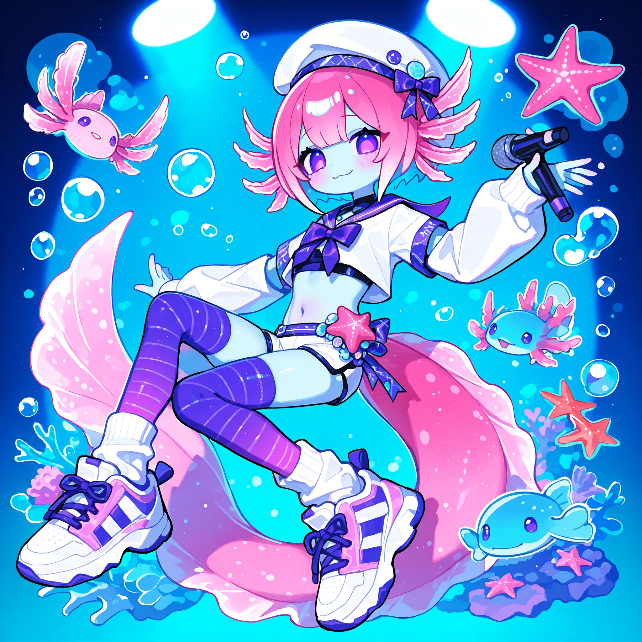 (male/boy character) The femboy idol. Beastman/furry/anthropomorphic axolotl. He has light pink skin covered with blush. He has a petite, flat-chested androgynous body structure. He has two-tone emerald-purple eyes. pink short hair with Two-block haircut. ...