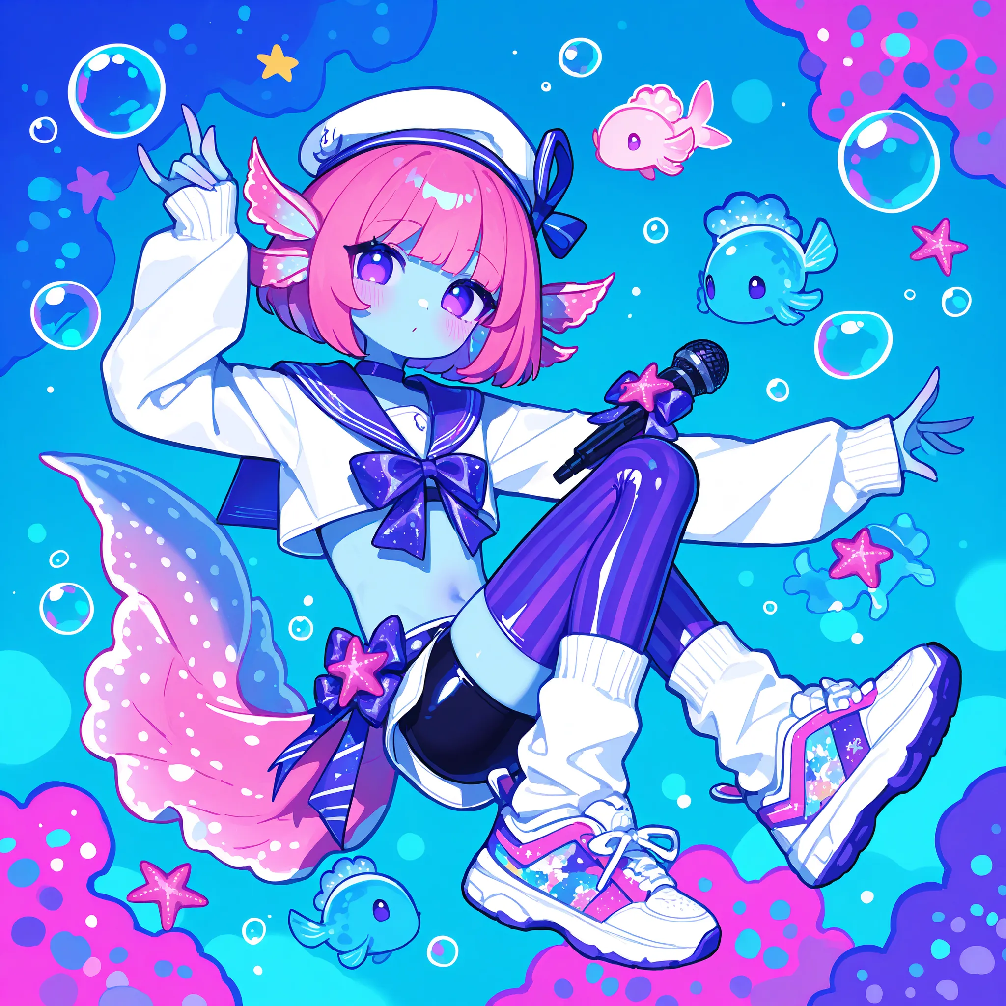 (male/boy character) The femboy idol. Beastman/furry/anthropomorphic axolotl. He has light pink skin covered with blush. He has a petite, flat-chested androgynous body structure. He has two-tone emerald-purple eyes. pink short hair with Two-block haircut. ...