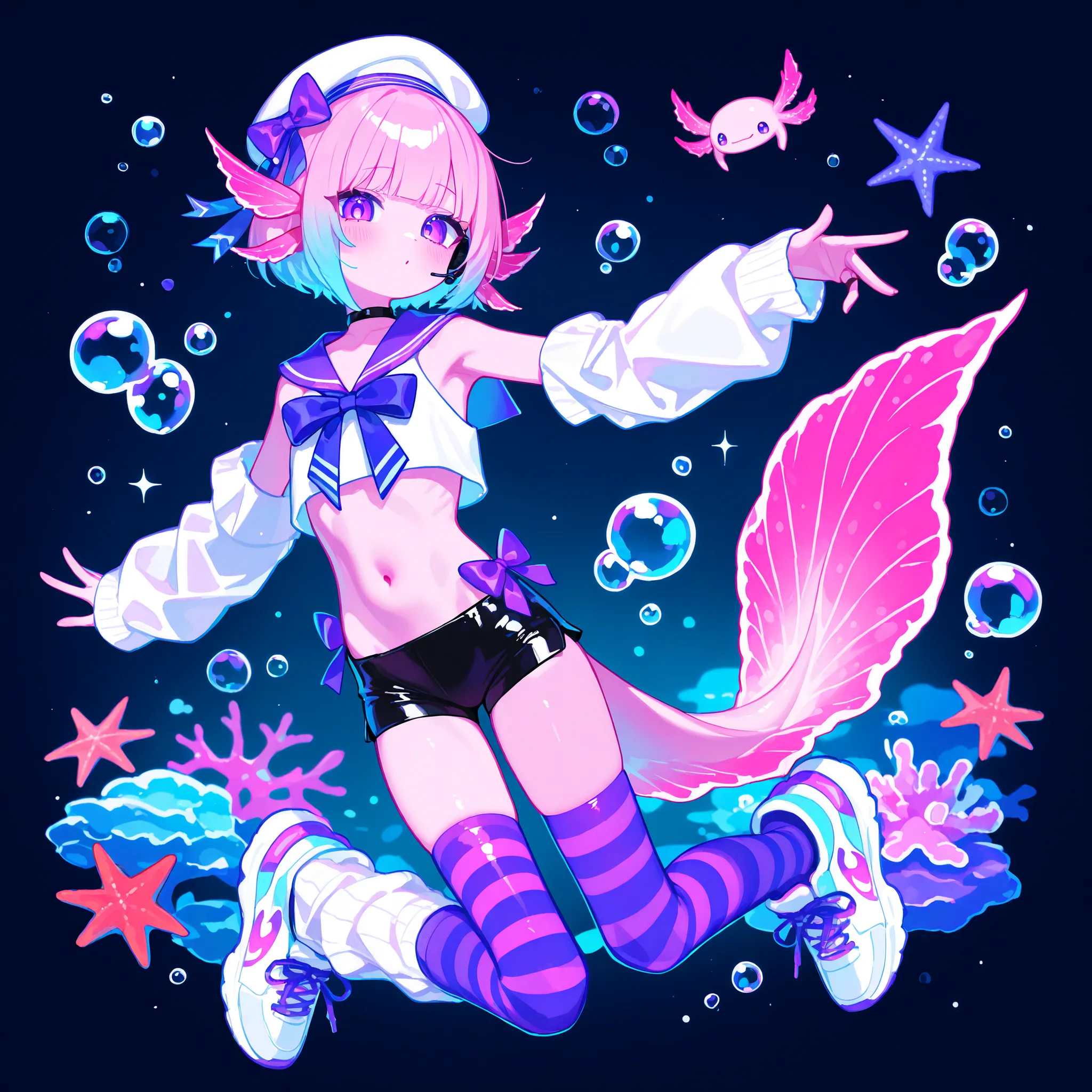 (male/boy character) The femboy idol. Beastman/furry/anthropomorphic axolotl. He has light pink skin covered with blush. He has a petite, flat-chested androgynous body structure. He has two-tone emerald-purple eyes. pink short hair with Two-block haircut. ...