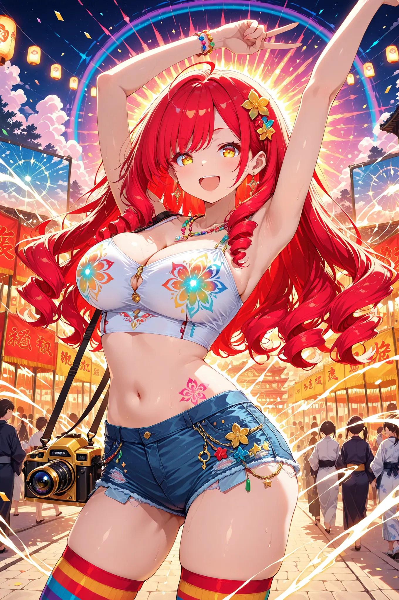 character:
hair:
style: voluminous curly hair with bouncing ringlets
color: #FF0000 crimson red hair:1.3
description: fiery spiral curls with dynamic movement, lustrous copper highlights, individual curl definition with natural bounce
eyes:...