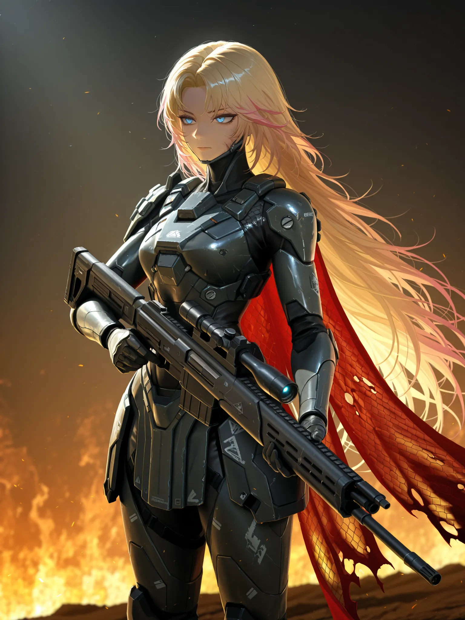by [inoitoh|arknights|748cmstyle], in the style of Wuthering Waves, CG art, game art, messy background, warcore, cybernetic, backlighting, warm lighting, manwha, webtoon, scenery, accented lights, 1girl, solo, (from the side, side shot:-0.1), A dynamic por...