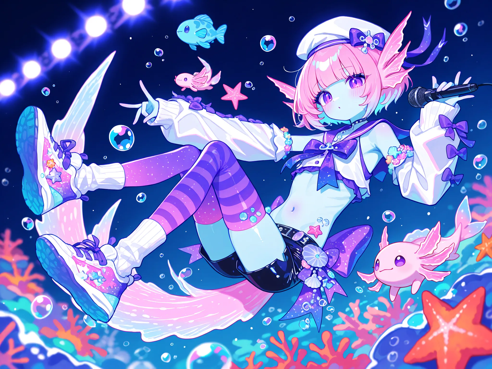 (male/boy character) The femboy idol. Beastman/furry/anthropomorphic axolotl. He has light pink skin covered with blush. He has a petite, flat-chested androgynous body structure. He has two-tone emerald-purple eyes. pink short hair with Two-block haircut. ...