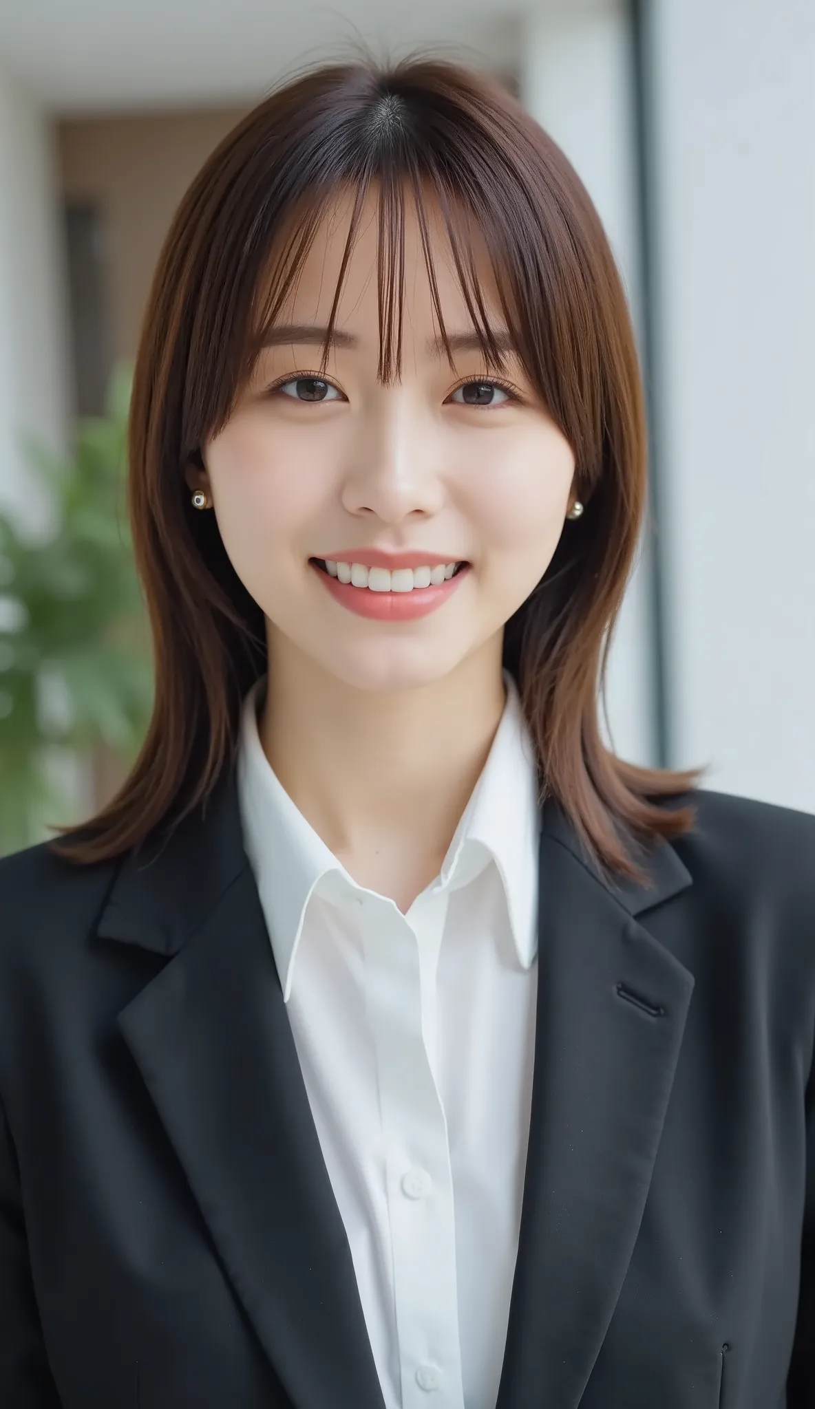 Neat Young Woman、and look at the camera、office lady suit、jacket、shirt、 、、ear piercing、髪型ショートカット、、 薄い茶髪、、smile showing teeth、background is office

