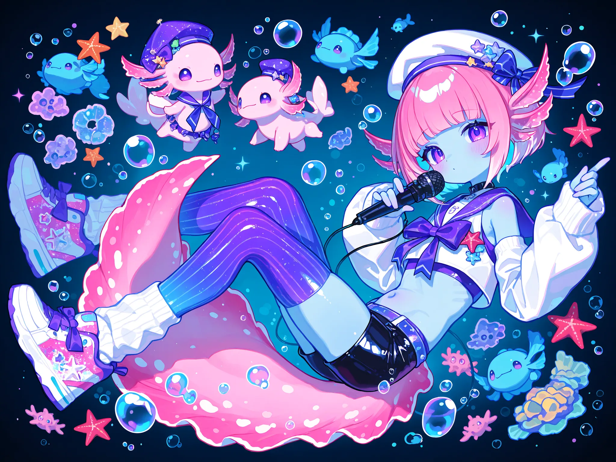 (male/boy character) The femboy idol. Beastman/furry/anthropomorphic axolotl. He has light pink skin covered with blush. He has a petite, flat-chested androgynous body structure. He has two-tone emerald-purple eyes. pink short hair with Two-block haircut. ...