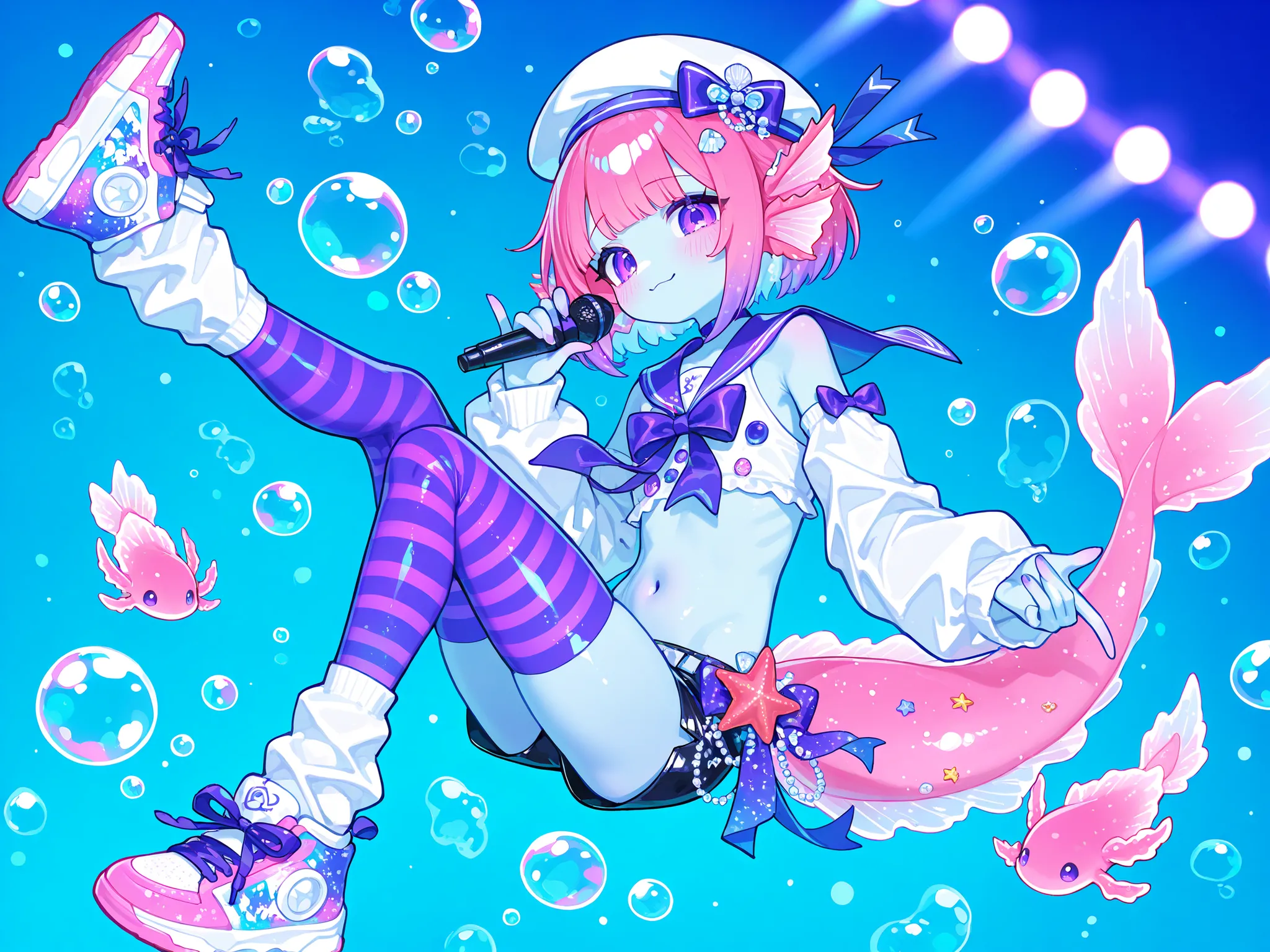 (male/boy character) The femboy idol. Beastman/furry/anthropomorphic axolotl. He has light pink skin covered with blush. He has a petite, flat-chested androgynous body structure. He has two-tone emerald-purple eyes. pink short hair with Two-block haircut. ...