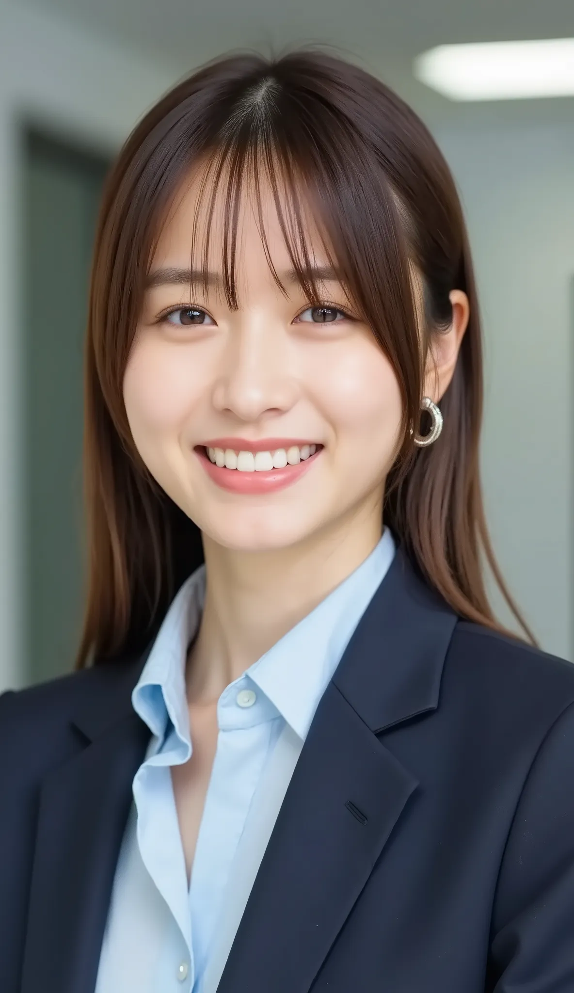 Neat Young Woman、and look at the camera、office lady suit、jacket、shirt、 、、ear piercing、髪型ショートカット、、 薄い茶髪、、smile showing teeth、background is office
