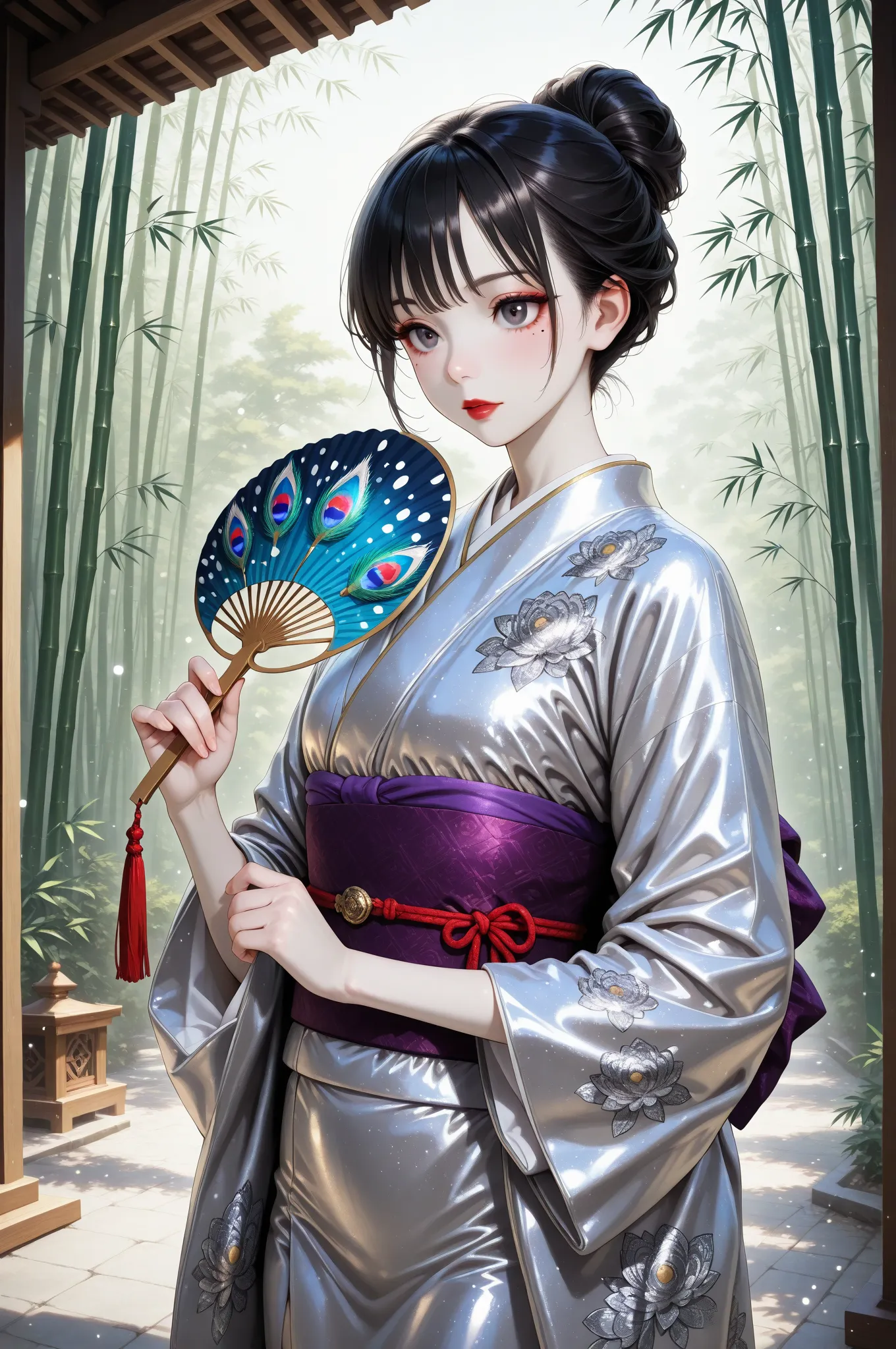trk,1girl, black hair, updo, loose strands, hair bun, pale skin, red lips, mole under eye, subtle makeup, silver kimono, short kimono, floral print, peacock motif, purple obi, satin fabric, shiny clothing, wide sleeves, holding fan, traditional clothes, japanese clothes, solo, standing, BREAK, traditional japanese house, wooden pillars, bamboo, garden, natural light, soft lighting, ambient background, peaceful atmosphere, BREAK, upper body, eye level, slightly tilted head, BREAK, white particles, blue particles, gold particles, finely detail, semi realistic, intricate details, extremely detailed CG unity 8k wallpaper, stunning, clear picture, ai-generated, ai-assisted, masterpiece, best quality, highres
