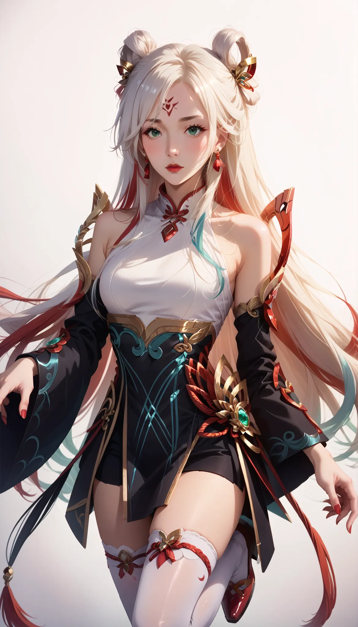 score_8_up,score_7_up,score_6_up,score_9,score_8_up,score_7,masterpiece,best quality,source_anime,blush,   irelia_mythmaker,1girl,long hair,white hair, hair ornament,bare shoulders,detached sleeves,multicolored hair,dress,bangs,thighhighs,facial mark, gree...