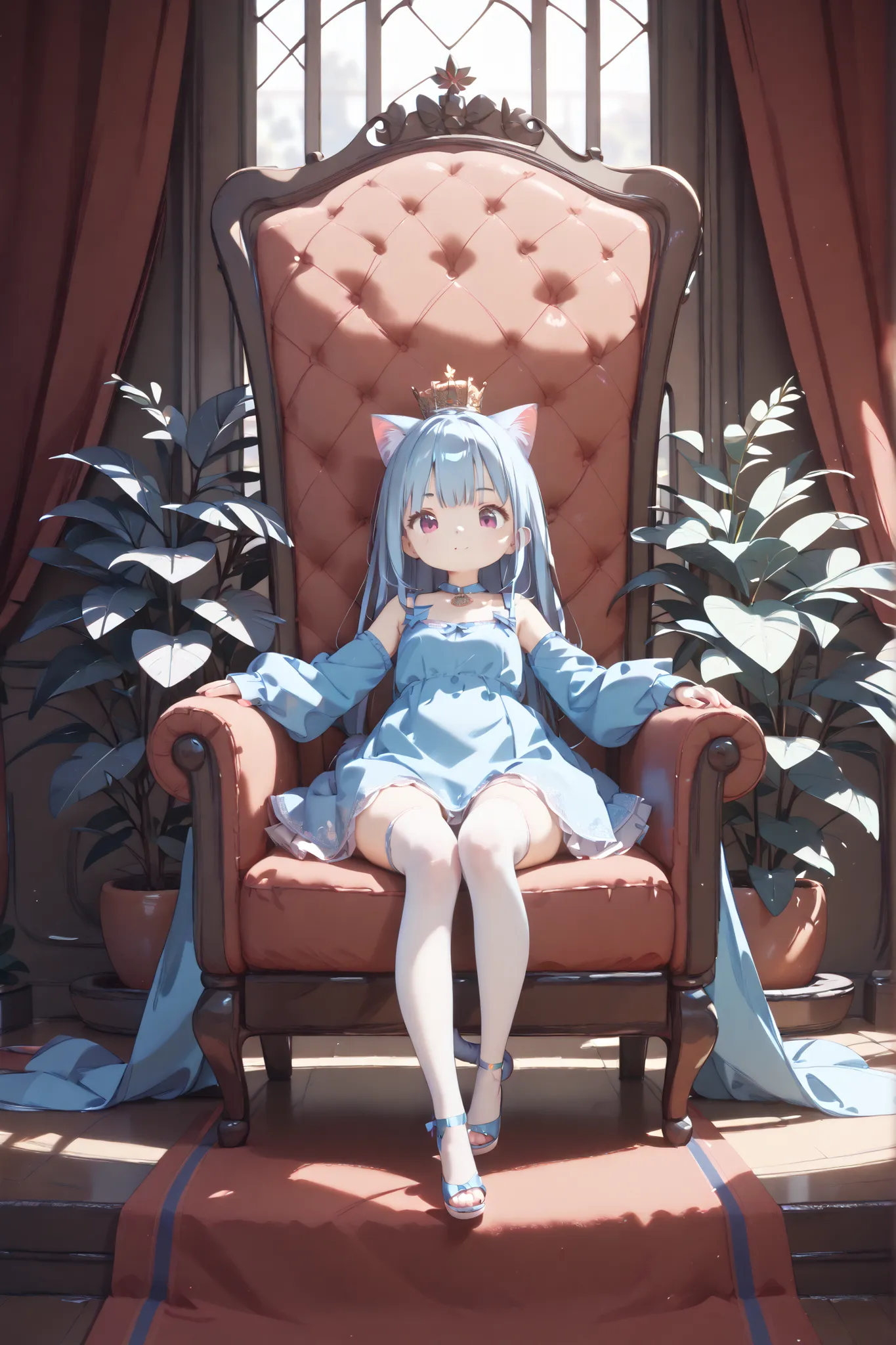 High Definition、High Quality、8k、4k、3 people、1 girl、Little girl、young、 immature body、Beautiful girl、Cat ears、cat tail、Throne、Bossy、crown、King Cosplay、 audience room、