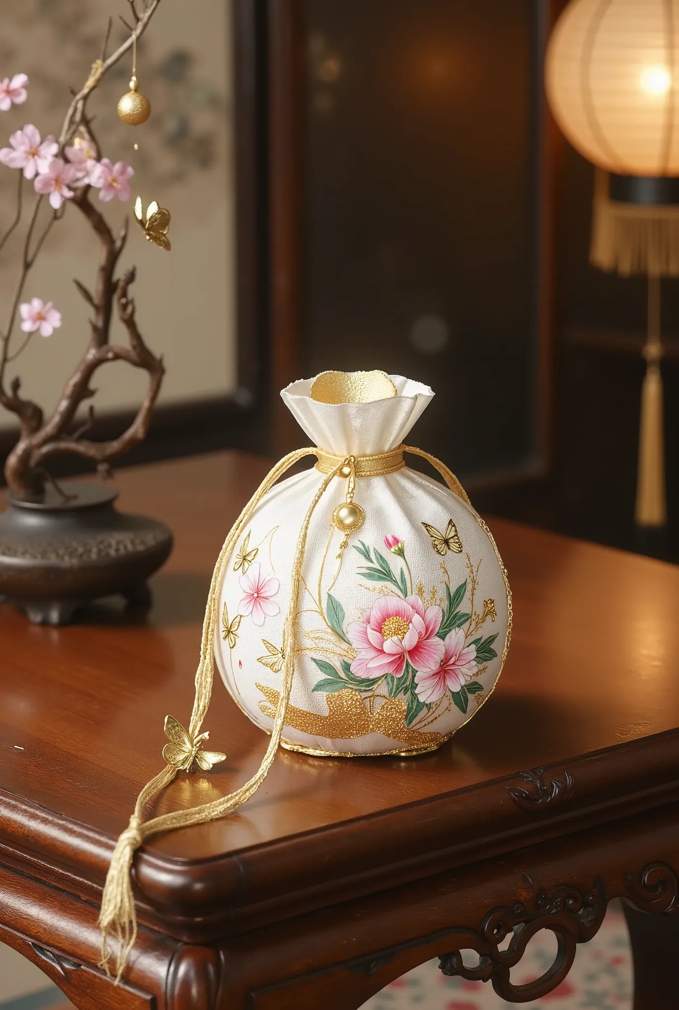ancient Chinese art, A traditional, round, small leaf scented bag made of white and gold silk. Exquisitely embroidered with peony and dragon flowers, with a gold string hanging down.,features gold butterfly balls hanging on a string. Placed on an antique t...