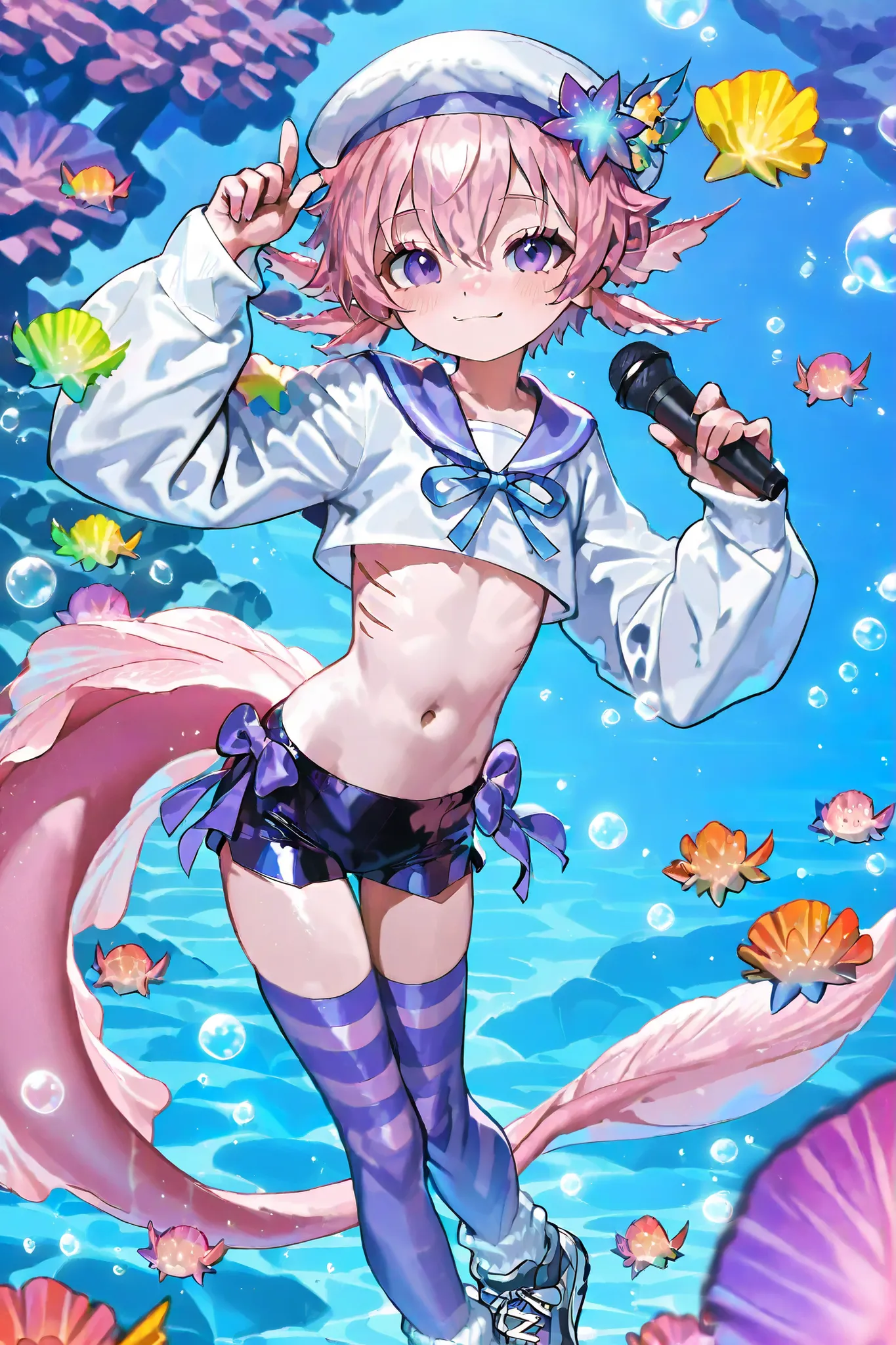 (male/boy character) The femboy idol. Beastman/furry/anthropomorphic axolotl. He has light pink skin covered with blush. He has a petite, flat-chested androgynous body structure. He has two-tone emerald-purple eyes. He has pink short hair with Two-block bo...