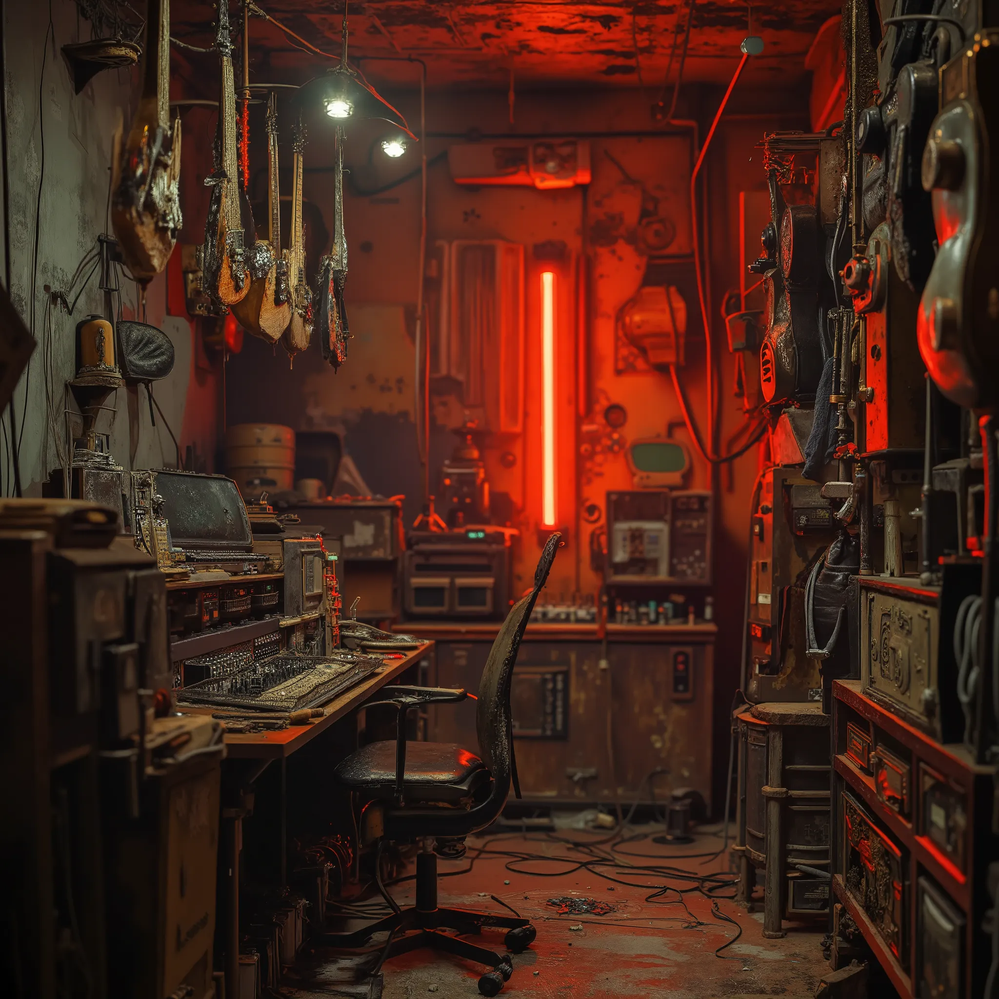 an outdated post-apocalyptic recording studio, used musical instruments, rouille, old recording equipment, old suspended steam punk electric guitars, hooks hanging from the ceiling, old broken light fixtures, black and decrepit walls, Very dark atmosphere,...