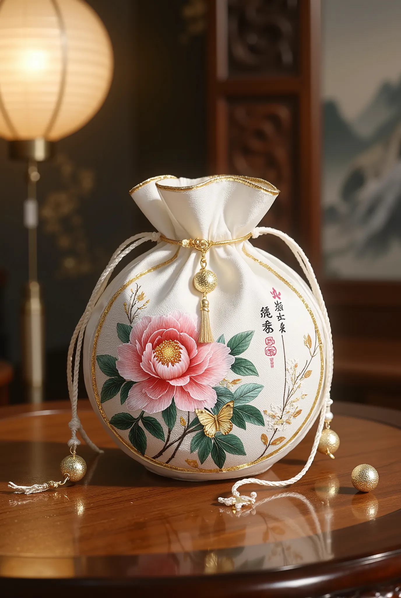 ancient Chinese art, A traditional, round, small bag scented bag made of white and gold silk, finely embroidered with peony and dragon flowers, with gold string hanging down.,features gold butterfly balls hanging on a string. Placed on an antique teak tabl...