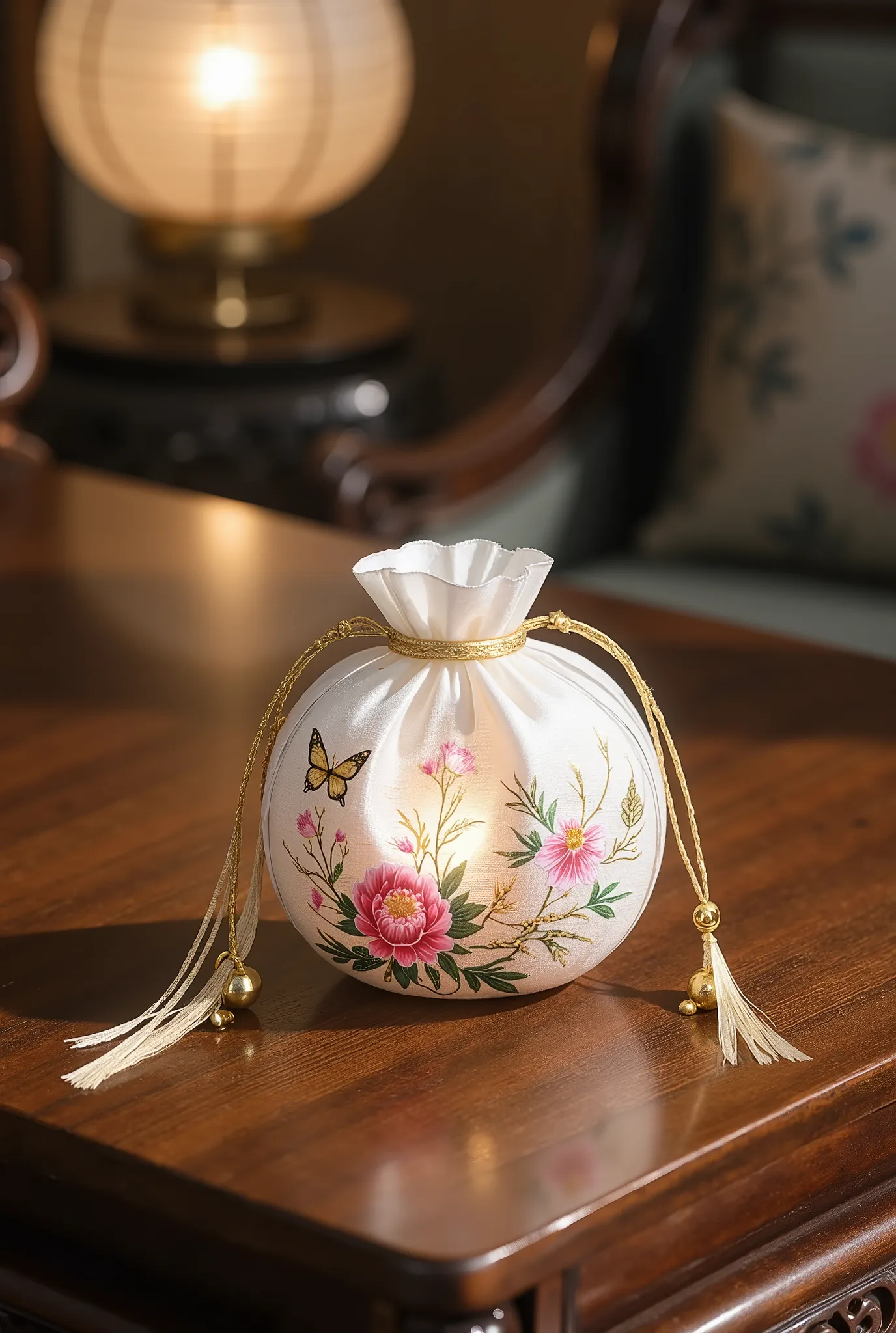 ancient Chinese art, A traditional, round, small leaf scented bag made of white and gold silk. Exquisitely embroidered with peony and dragon flowers, with a gold string hanging down.,features gold butterfly balls hanging on a string. Placed on an antique t...