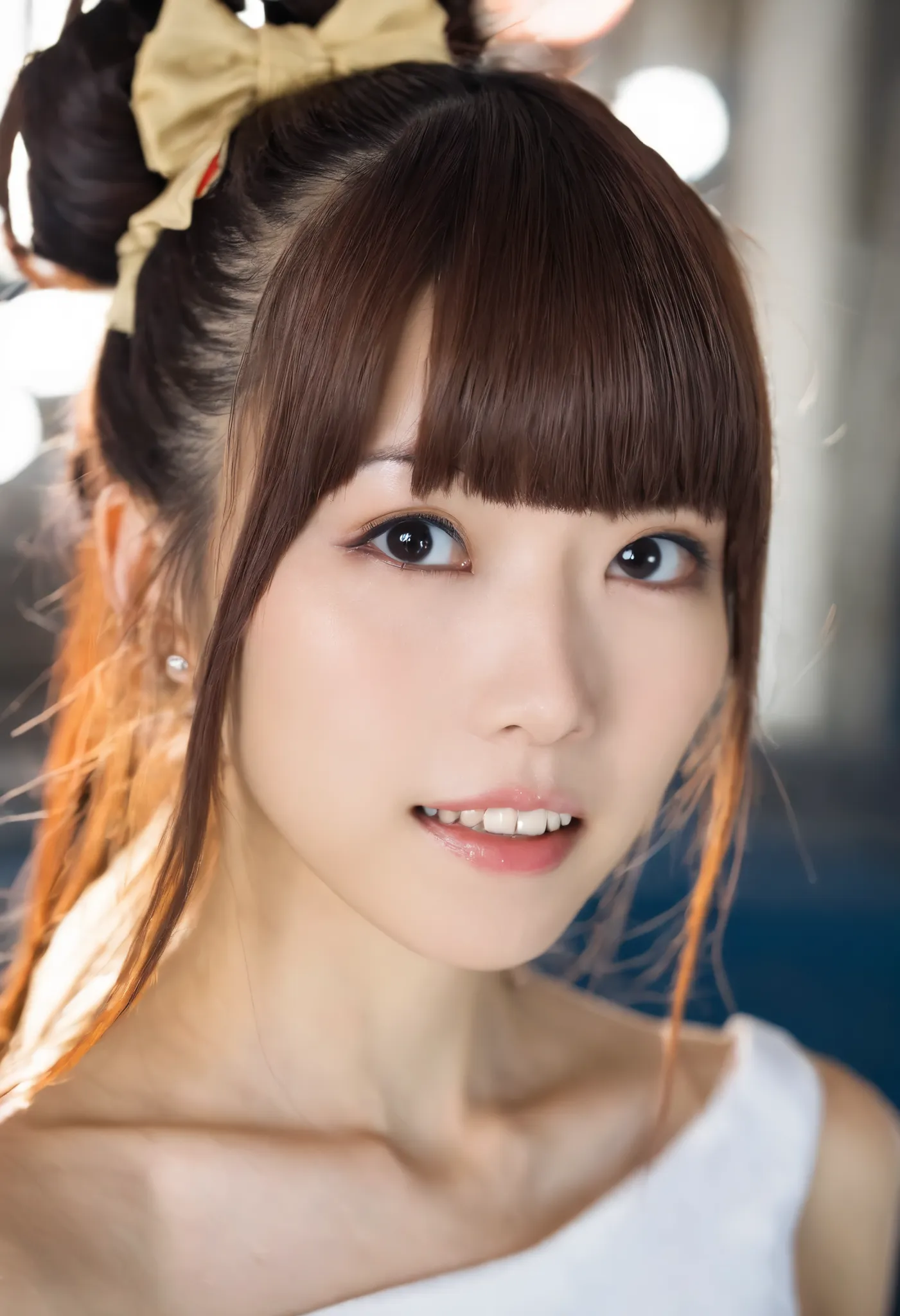 white one peace, flared skirt, a japanese girl named artgravia,She has her hair tied up, solo, looking at viewer, brown hair, long hair, lips, teeth, nose, bangs, upper teeth only, bare shoulders,depth of field,bokeh, asuka saito