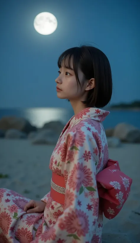 (8k), (best quality), RAW photo, (photo realistic:1.4), very detailed, Very cute Japanese girl, without makeup,(are very thin), ((Straight Bob Cut)) , hair fluttering in the wind, ((Sitting in a beautiful floral kimono)), ((summer night)), looking back, ...
