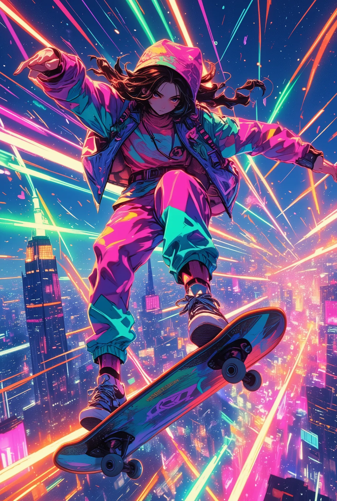 close-up female skateboarder wearing vivid-colored streetwear, performing an acrobatic trick mid-air, high above the skyline of New York City at night, countless colorful neon light trails filling the sky, cascading in all directions like streams of pure e...