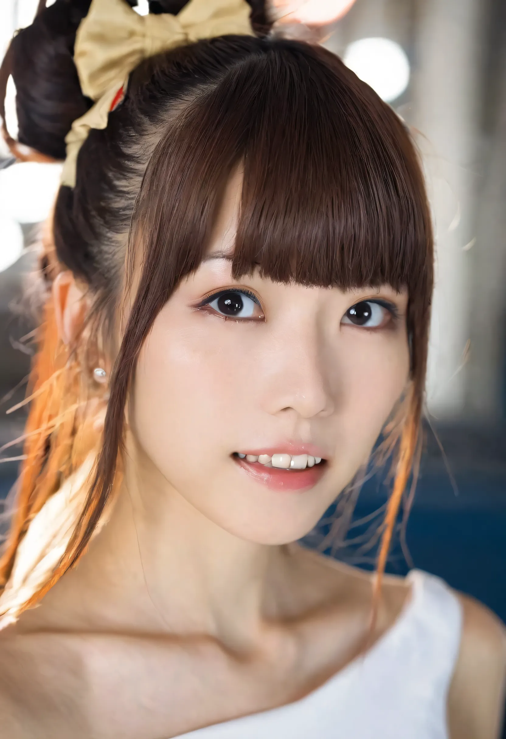 white one peace, flared skirt, a japanese girl named artgravia,She has her hair tied up, solo, looking at viewer, brown hair, long hair, lips, teeth, nose, bangs, upper teeth only, bare shoulders,depth of field,bokeh, asuka saito