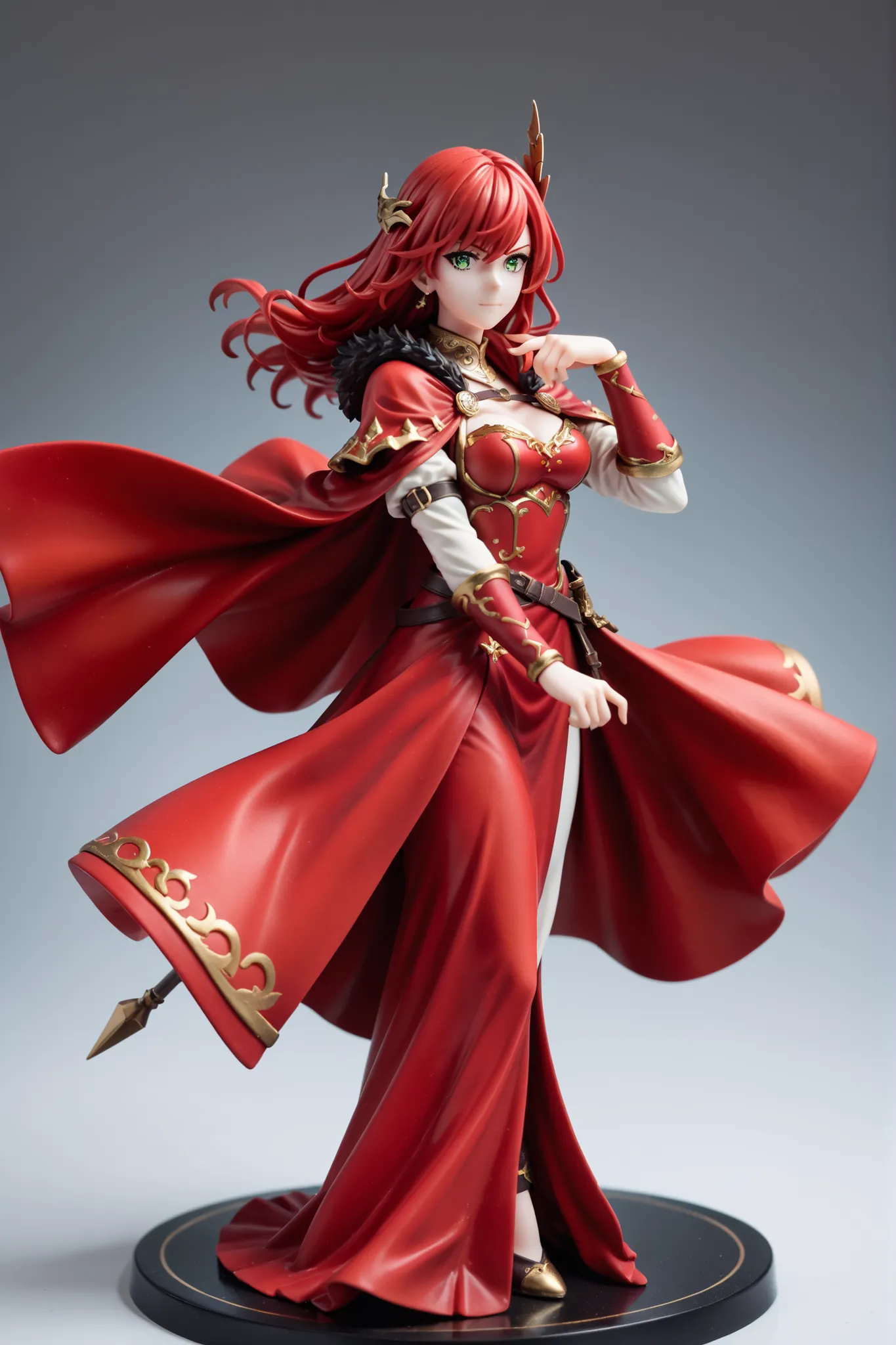 Figure. Red-haired woman, red cape. Red dress. Green eyes. Pose.