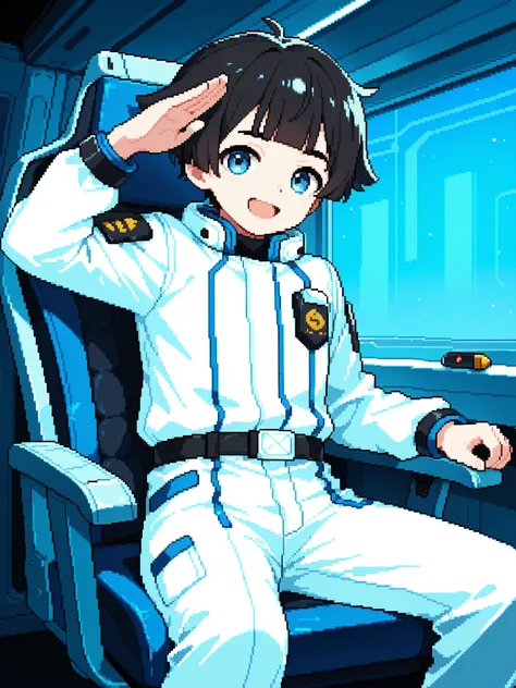 score_9, score_8_up, score_7_up, source_anime, 1boy, solo, pixel art, aviator, young boy BREAK
Black hair, short hair, hair flaps, blunt bangs, blue eyes BREAK
Space suit, white suit BREAK
Sitting, salute, looking at viewer, smile, proud face, open m...