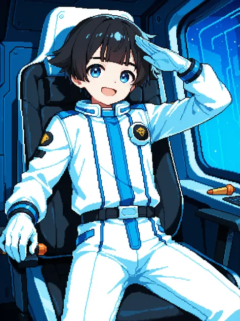 score_9, score_8_up, score_7_up, source_anime, 1boy, solo, pixel art, aviator, young boy BREAK
Black hair, short hair, hair flaps, blunt bangs, blue eyes BREAK
Space suit, white suit BREAK
Sitting, salute, looking at viewer, smile, proud face, open m...