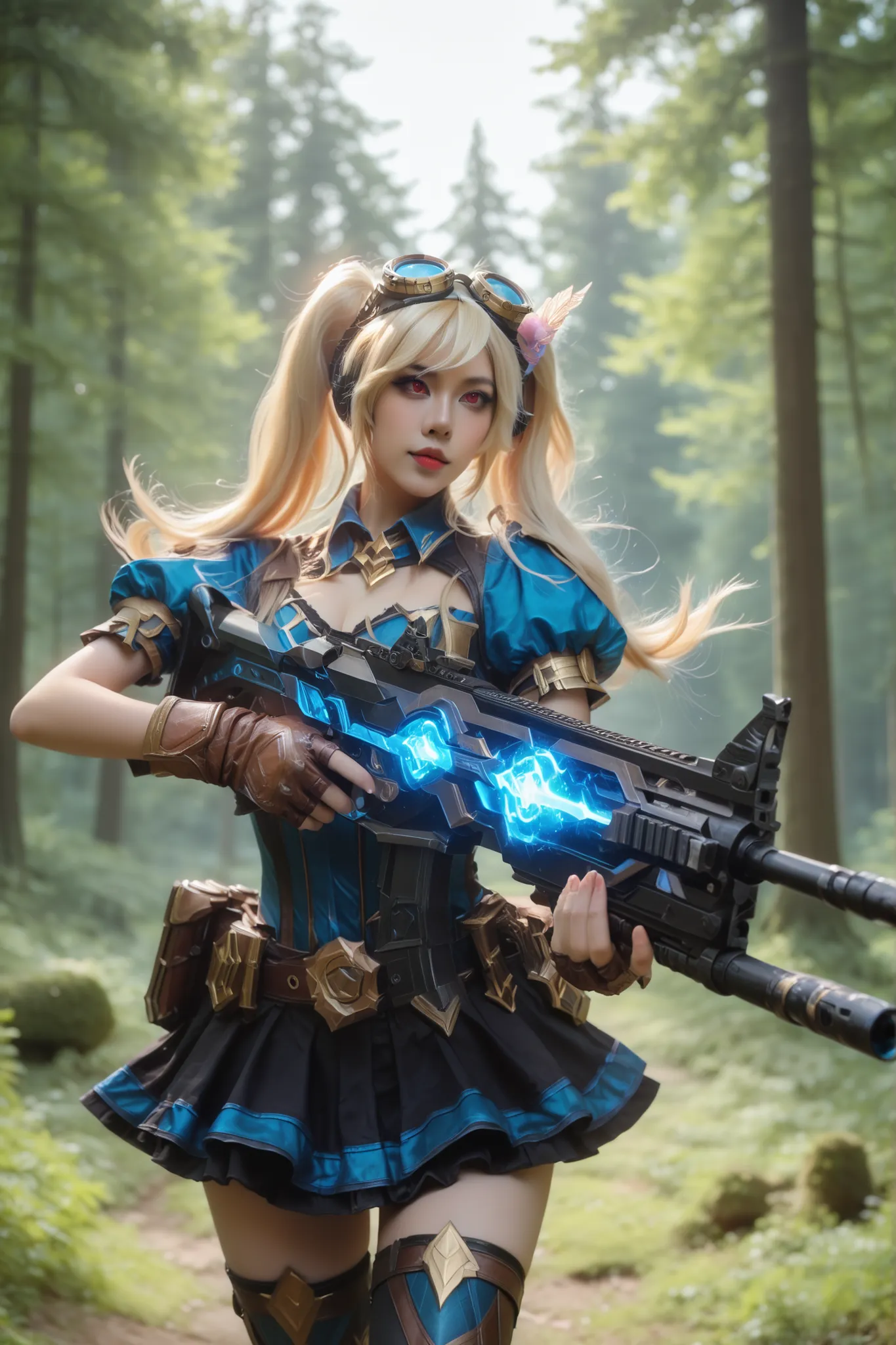 Foto ultradetalhada, garota cosplayer, ela é cosplayer de layla from mobile legends, ( layla from mobile legends), twintails, blonde, blonde hair, long hair, very long hair, red eyes, goggles, goggles on head, gloves, thighhighs, skirt, short sleeves, fing...