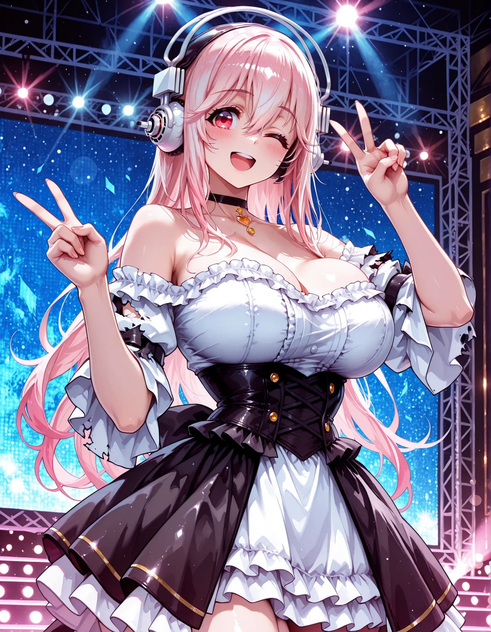 Sexy Girl, ((1 woman)), big boobs, watercolor, embarrassing, wink with your finger, with one eye closed, Smile, open your mouth, (V sign:1.4), cowboy shot, beautiful girl, (WHITE OFF SHOULDER DRESS ,コルセットドレス, Broken Sleeves , Frilled Costume, idol costume), high quality, 4K, 8K, high resolution, masterpiece, Ultra Detailed, anime style, HDR, UHD, Studio Lighting, Sharp Focus, Physical Based Rendering, Extreme Detailed Expression, Professional, bright colors, Bokeh, Super Sonico , long hair, pink hair, hair between eyes, jewelry, very long hair, gradation hair, pink hair, white hair, choker, Pure Bitch, Captivating Body, live house, Stage, luxury decoration with glittering letters, Sense of luxury, fashion portrait, Sensual, Enchanting, Sensual, charming
