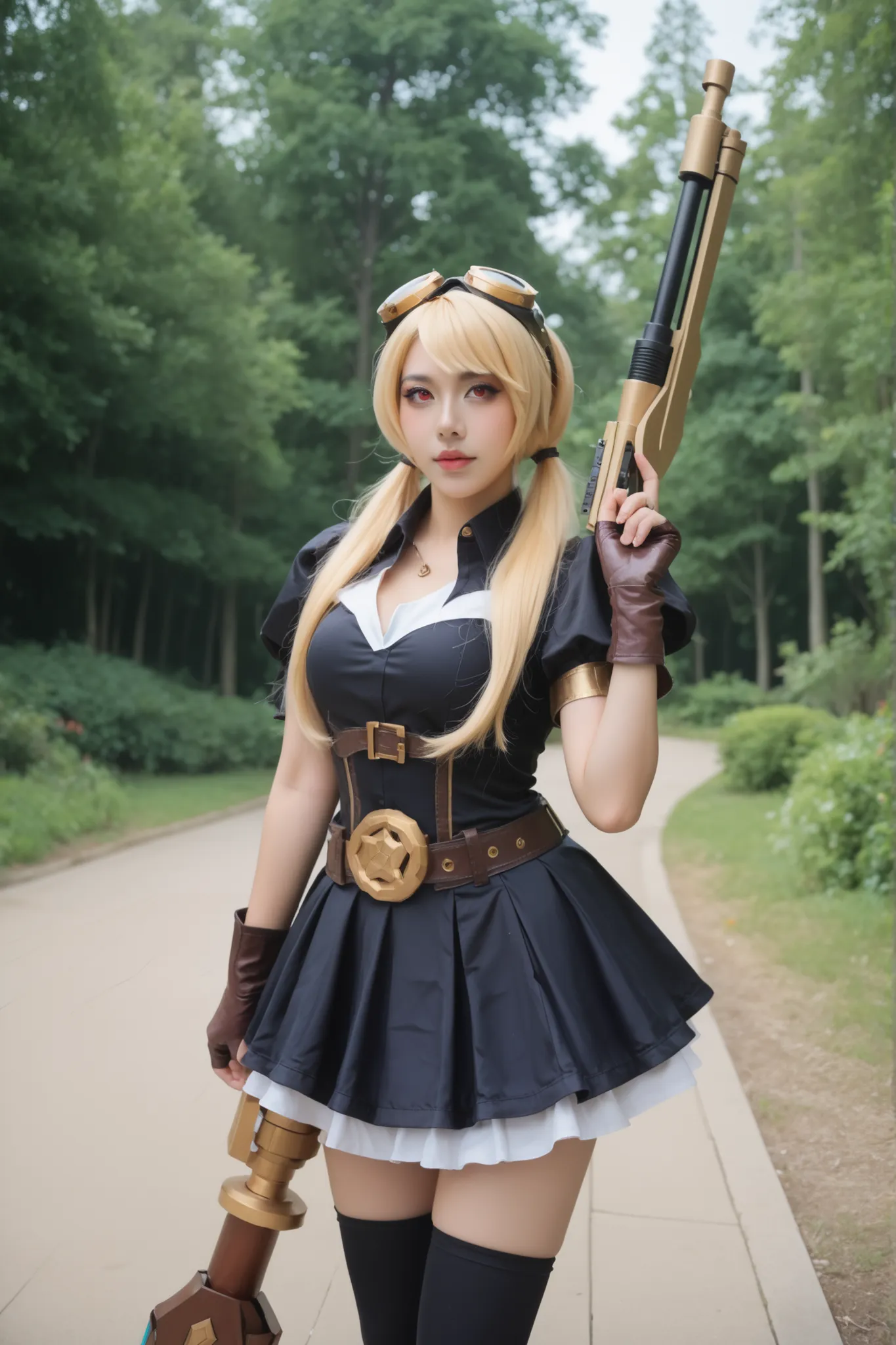 Foto ultradetalhada, garota cosplayer, ela é cosplayer de layla from mobile legends, ( layla from mobile legends), twintails, blonde, blonde hair, long hair, very long hair, red eyes, goggles, goggles on head, gloves, thighhighs, skirt, short sleeves, fing...
