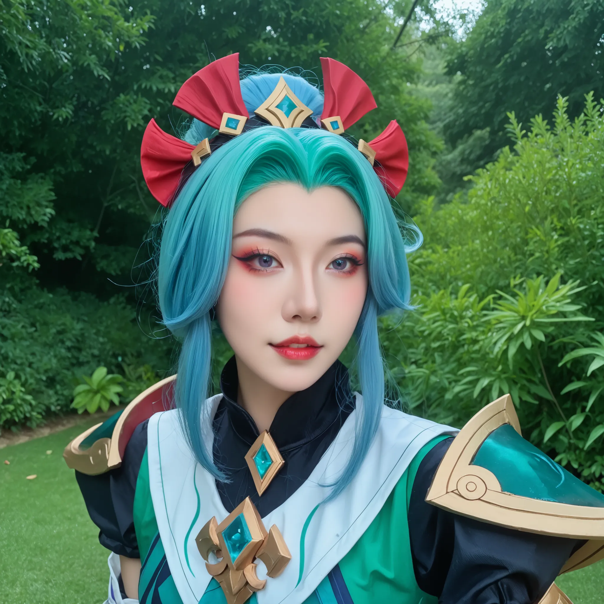 Garota cosplayer, ela é cosplayer de hanabi mobile from legends, hanabi from mobile legends, ultradetalhado, she's staring deafly ,pele real,textura da pele,  she's standing on a lush green field