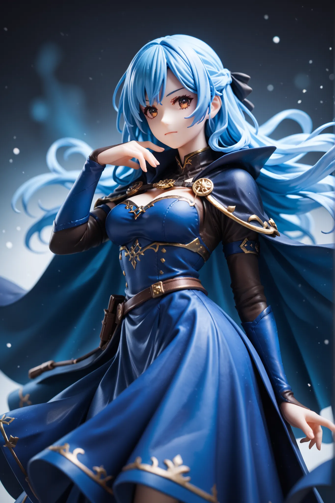 Figure. blue-haired woman, blue cape. blue dress. brown eyes. Pose.