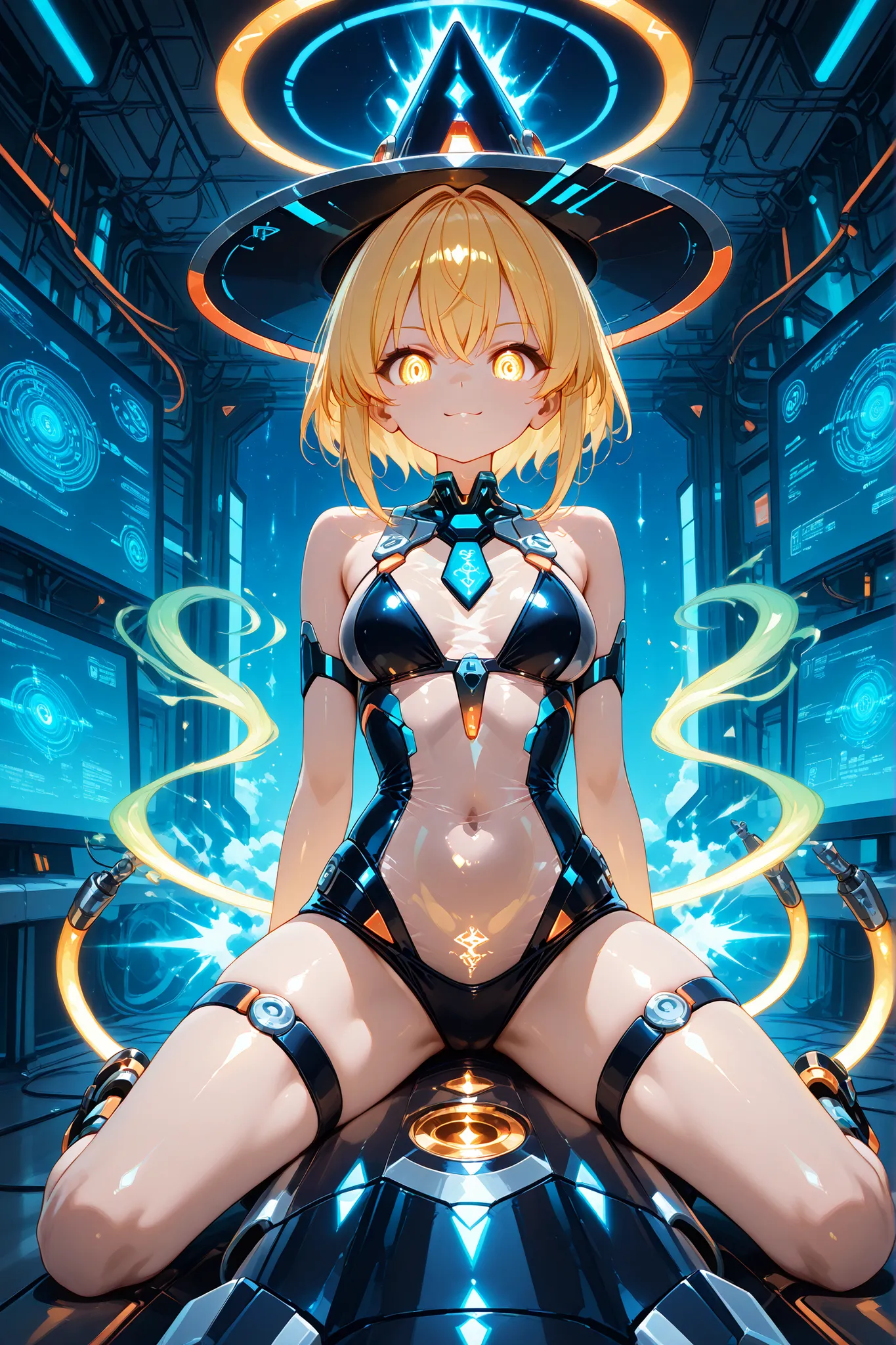 A highscool girl in a tight sci-fi See-through bikini is straddling the sci-fi cyber flight device with a diameter of 50 cm in the shape of a triangular prism, 2 meters long, extremely thick and mechanical,the cyber flight device flying in the sky,
The cyb...