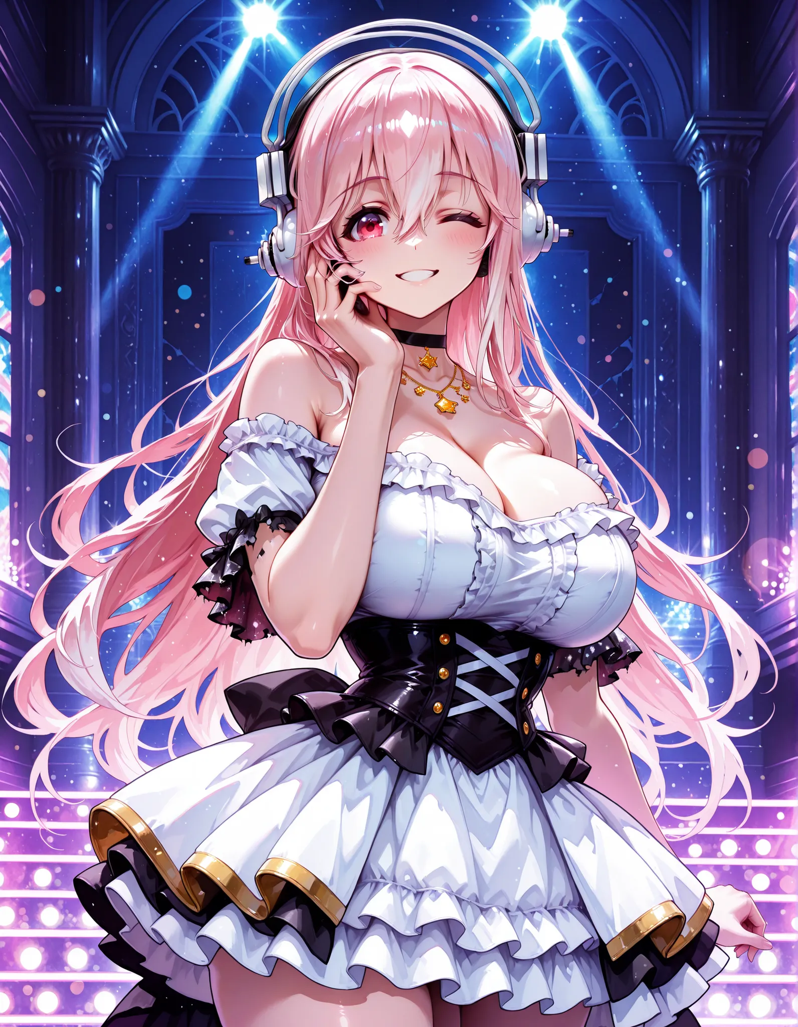 Sexy Girl, ((1 woman)), big boobs, watercolor, embarrassing, wink with your finger, with one eye closed, Smile, (place your hand on your cheek:1.4), cowboy shot, beautiful girl, (WHITE OFF SHOULDER DRESS ,コルセットドレス, Broken Sleeves , Frilled Costume, idol co...