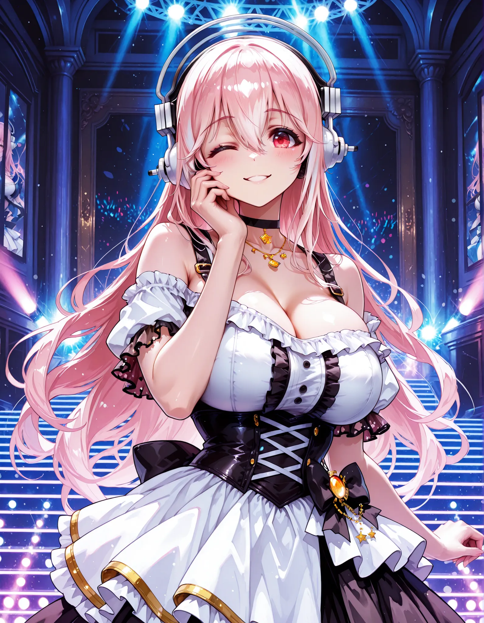 Sexy Girl, ((1 woman)), big boobs, watercolor, embarrassing, wink with your finger, with one eye closed, Smile, (place your hand on your cheek:1.4), cowboy shot, beautiful girl, (WHITE OFF SHOULDER DRESS ,コルセットドレス, Broken Sleeves , Frilled Costume, idol co...
