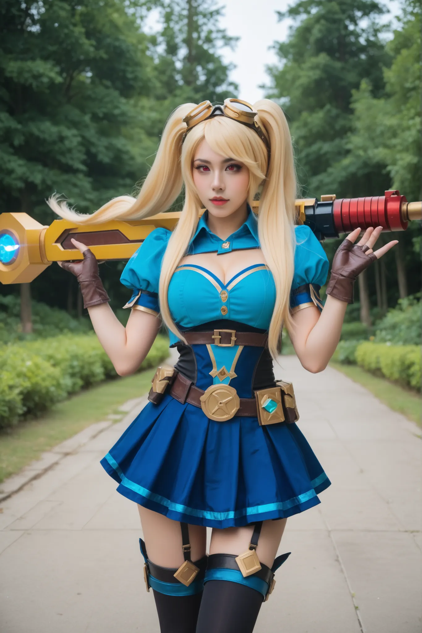 Foto ultradetalhada, garota cosplayer, ela é cosplayer de layla from mobile legends, ( layla from mobile legends), twintails, blonde, blonde hair, long hair, very long hair, red eyes, goggles, goggles on head, gloves, thighhighs, skirt, short sleeves, fing...
