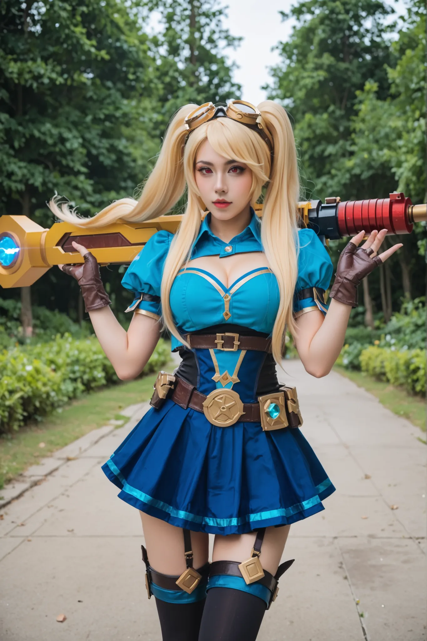 Foto ultradetalhada, garota cosplayer, ela é cosplayer de layla from mobile legends, ( layla from mobile legends), twintails, blonde, blonde hair, long hair, very long hair, red eyes, goggles, goggles on head, gloves, thighhighs, skirt, short sleeves, fing...