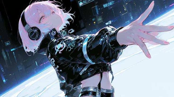 (ONE WOMAN :1.3)、one beautiful woman、dynamic、Light blue and pink hair、cyber jacket、Cyber Pants、headphones, Song、amazing、top quality,Cyber World Background,amazing、moving pose、fantastic、outstretched hand