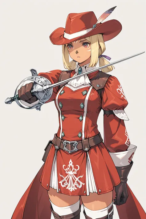 FF11 Mithra、MF7 hair,Blonde、ribbon on the tip of the hair、cowboy shot、Red Mage、gloves,pelvic curtain,hat feather,red headwear, red cape, red shirt, skirt, thighhighs,red_mage_f, 1girl,rapier