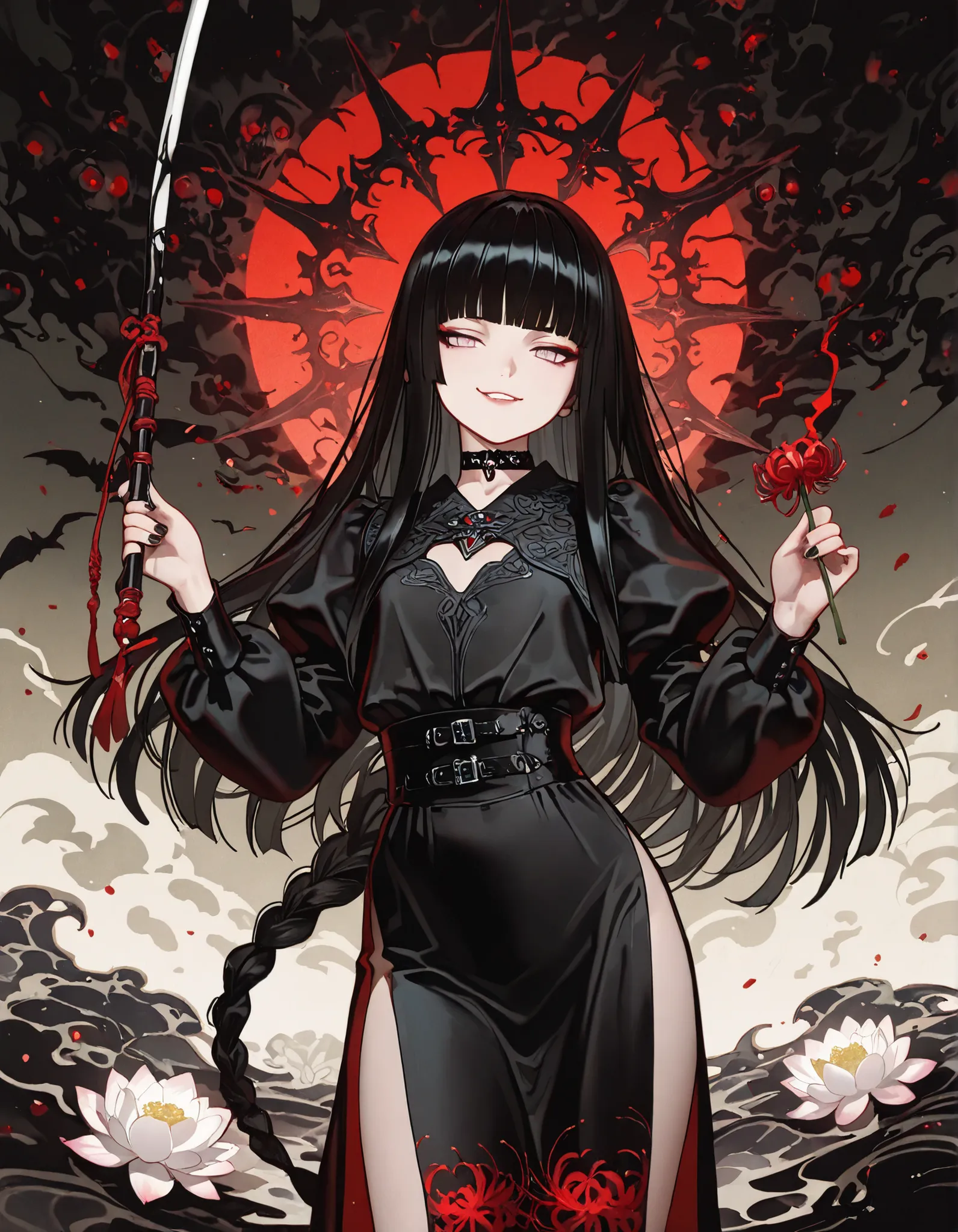 1girl, light lavender eyes, jitome, black Hair, blunt bangs, hime cut, small chest, black clothes, goth, high waist, long Side slit skirt, Choker, bare legs, black nails, flower pattern, masterpiece, best quality, Perfect details, perfect composition, Perf...