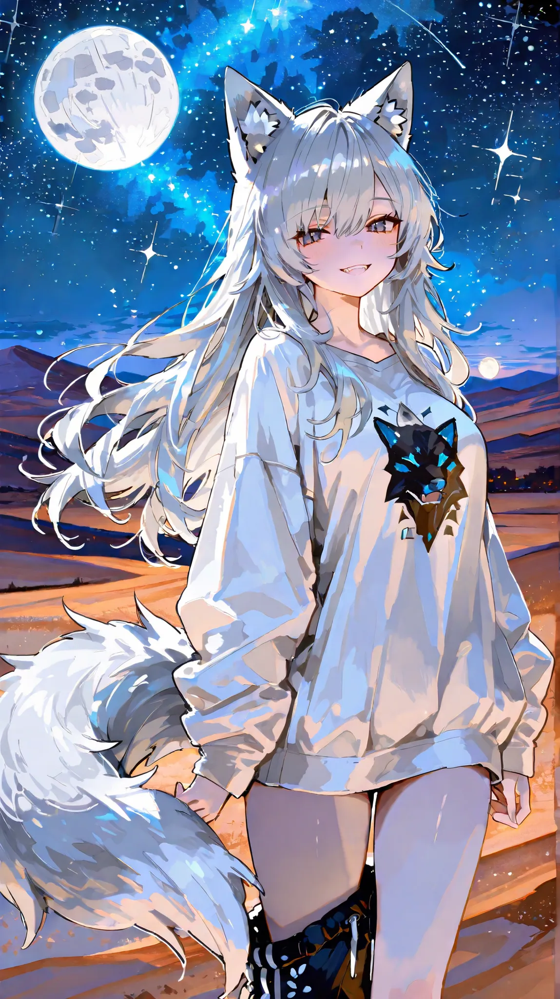 ultimate quality, Artistic Masterpiece, Detailed Depictions, Wolf Girl, Girl, Animal ears, Long Silver Grey Hair, Mischievous Smile, shining eyes, Lovely Canine Teeth, Beast&#39;s Tail, loose clothing, Night Desert Scenery,  Sparkling Starry Sky , huge ful...