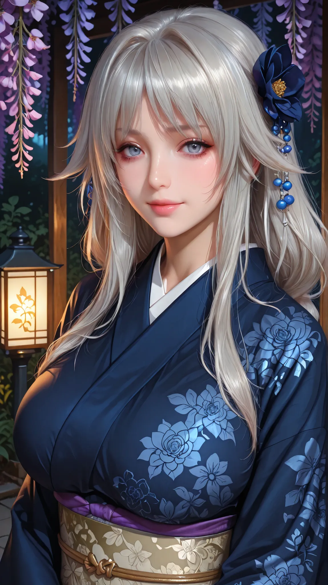 Grayfia Lucifuge from Hig school dxd wearing a traditional black floral kimono, silver eyes, standing confidently in a romantic setting — one at night in a softly lit street with warm glowing lanterns, and another during the day in a serene Japanese garden...