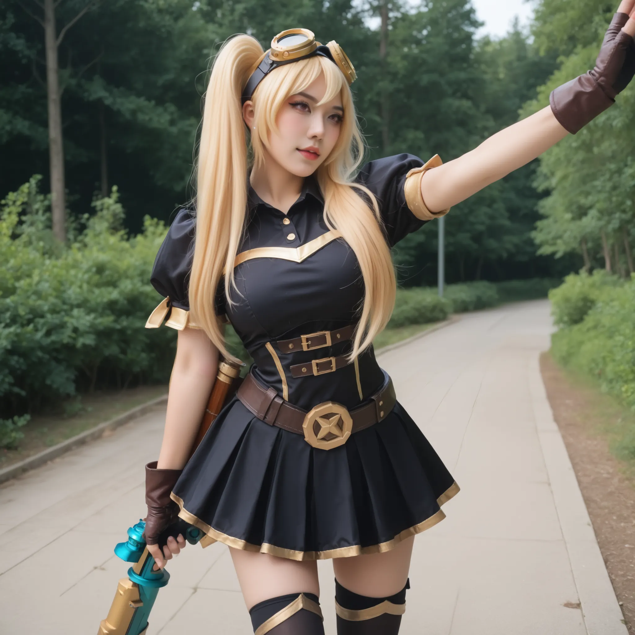 Foto ultradetalhada, garota cosplayer, ela é cosplayer de layla from mobile legends, ( layla from mobile legends), twintails, blonde, blonde hair, long hair, very long hair, red eyes, goggles, goggles on head, gloves, thighhighs, skirt, short sleeves, fing...