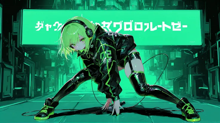 (ONE WOMAN :1.3)、one beautiful woman、dynamic、 fluorescent green hair 、cyber jacket、Cyber Pants、headphones, Song、amazing、top quality,Cyber World Background,amazing、moving pose、fantastic、SongをSongう、microphone