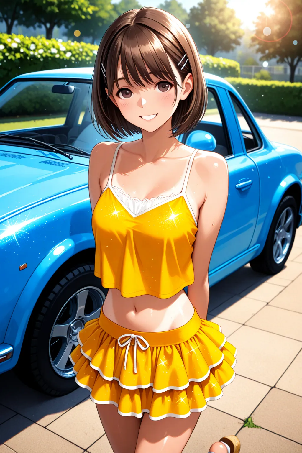 up, Anime，nsfw， uncensored ，Outdoors, garden,
wisdom_cnr, young woman，skinny，brown hair,  Sunburn, Sunburnlines, hair clip,
color bone,yellow layered skirt, Put it in the car in a camisole, sandals,, no expressions,Crazy,，depth of subject，fisheye lens，Bokeh，glitter，Kyoani style，,
 .
、
，


、
.


,,,,
.

.


.
.


, ...

.
.
、, 







,( masterpiece, best quality, high resolution, ultra high resolution, pixel perfect, depth of field, 4K, RTTX10.0),
、Anegasaki Nene, love plus、shiny brown short hair, beautiful brown eyes, smiling face, , (fine grain), , highly detailed face,, (masterpiece:1.2, best quality), ((only1 girl)), ((cowboy shot))